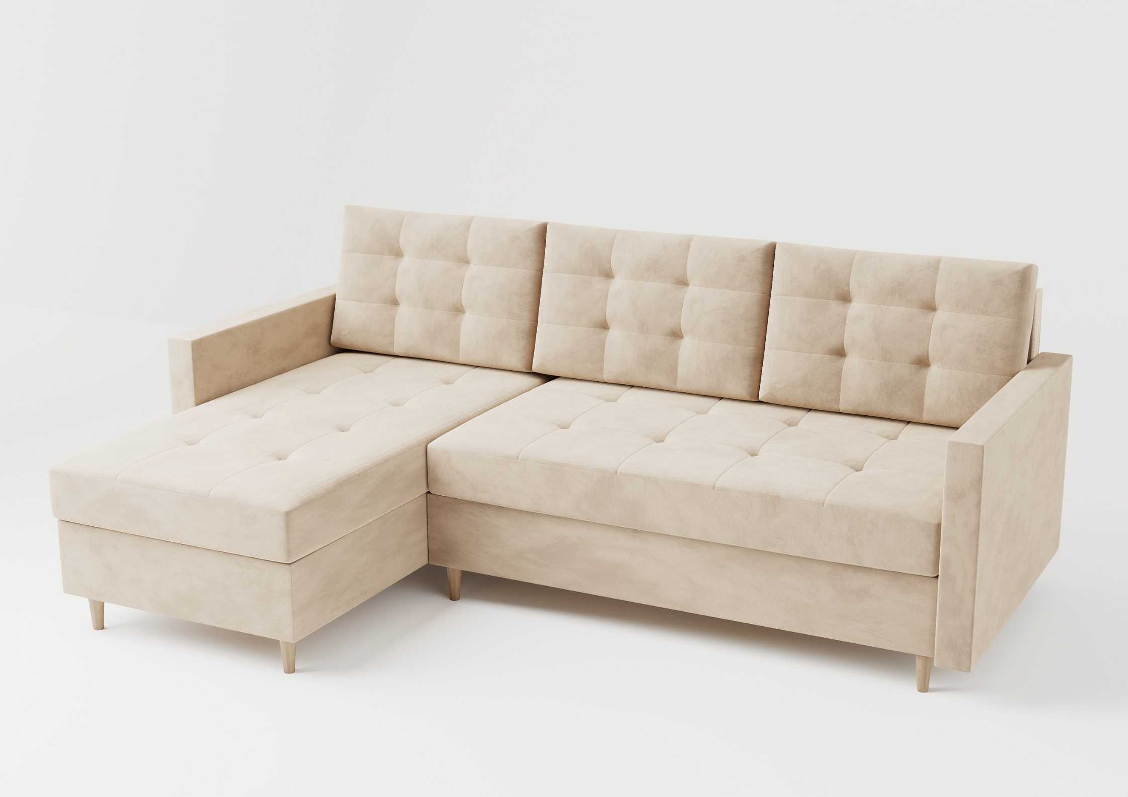 Skandynawski narożnik na drewnianych nogach rozkładany. Pikowana rogówka w kolorze beżowym